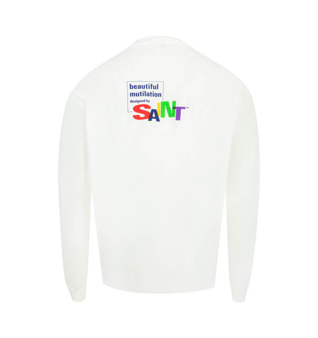 Image 2 of 2 - WHITE - SAINT MICHAEL Beautiful Saint Tee featuring crew neck, long sleeves, ribbed cuffs and screen print on front and back. 100% cotton. Made in Japan.