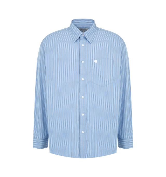Image 1 of 2 - BLUE - CARHARTT WIP Keene Shirt featuring lightweight, yarn-dyed cotton poplin, allover stripes, embroidered C Logo appears on the chest pocket, button closure, chest pocket, turn-down collar and striped. 100% cotton.