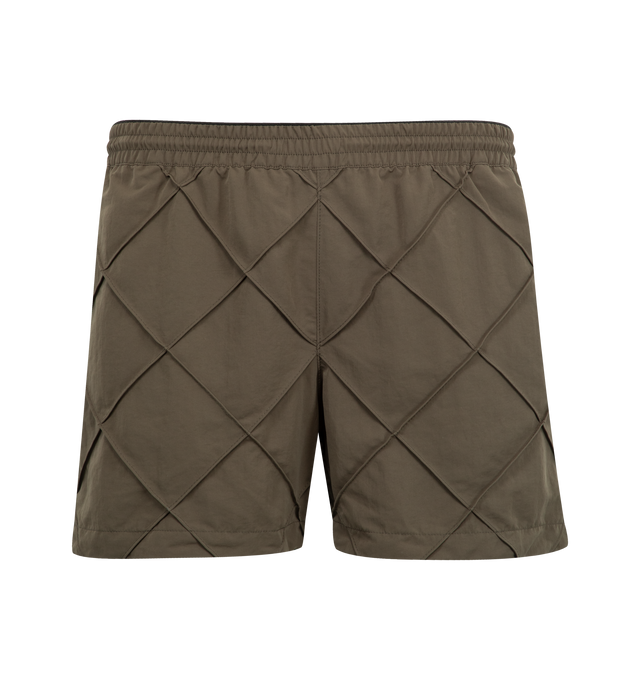 Image 1 of 3 - GREEN - BOTTEGA VENETA Nylon Intrecciato Pattern Swim Shorts featuring technical micro faille nylon with Intrecciato-inspired pattern, elasticated waistband and lined. 100% polyamide. Made in Italy.