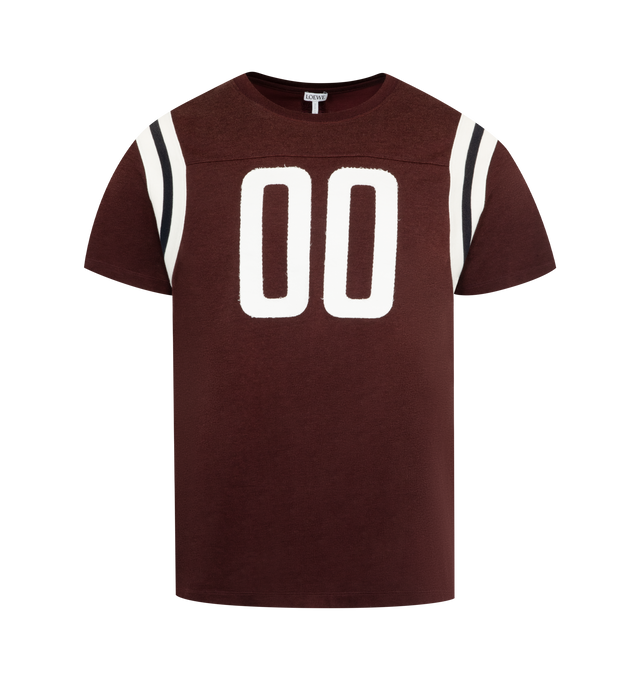 Image 1 of 2 - RED - Loewe Men's T-shirt crafted in lightweight mercerized cotton jersey with a regular fit and length, crew neck, varsity striped knit armholes, stitched "00" numbers at front and Anagram embroidery placed at the back. Main material Cotton/Viscose. Made in Portugal.