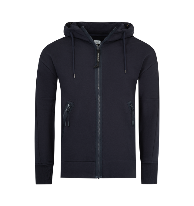 Image 1 of 4 - NAVY - C.P. COMPANY Diagonal Raised Fleece Goggle Sweatshirt featuring adjustable Goggle hood, side zip pockets, ribbed cuffs and hem, thumb hole on cuffs and regular fit. 100% cotton.