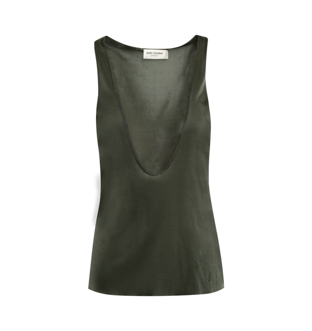 Image 1 of 2 - GREEN - Saint Laurent tank top made with responsible viscose featuring a plunging scoop neckline and arms, with tonal Cassandre embroidery above the hem. 100% viscose. Made in Italy. 