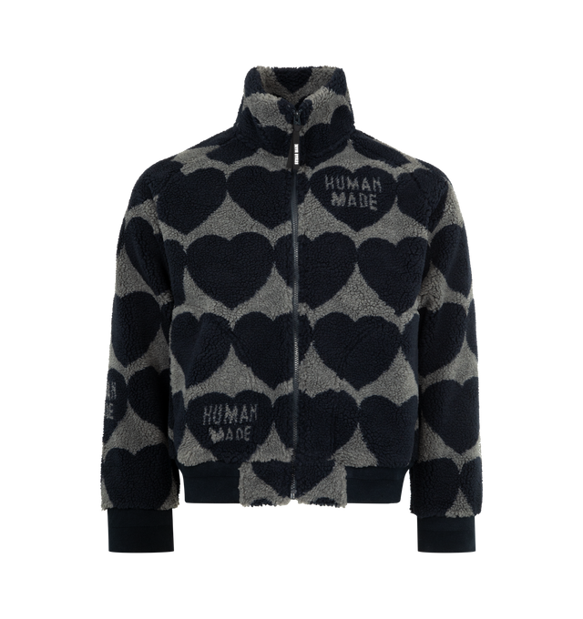 Image 1 of 3 - GREY - HUMAN MADE Heart Fleece Jacket featuring soft polyester fabric, all-over heart logo motif, stand collar, zip closure, two front pockets and ribbed cuffs and side hem. 100% polyester.
