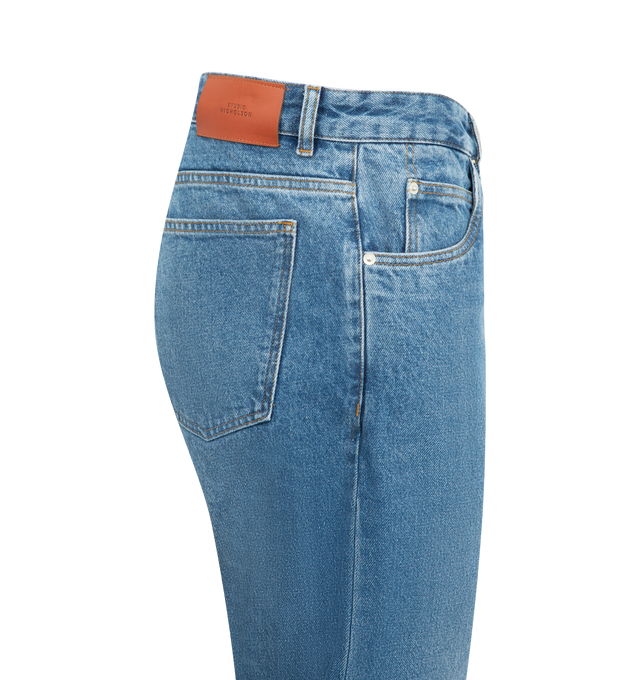 Image 3 of 3 - BLUE - STUDIO NICHOLSON Creased Cowboy Jean featuring button fly, classic five pockets, front and back pressed creases, rear leather logo patch and regular fit. 100% cotton.