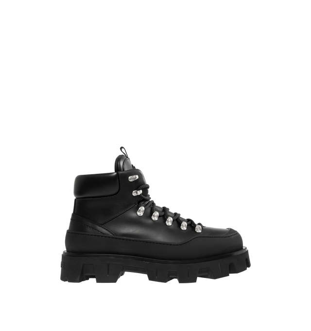 Image 1 of 4 - BLACK - MONCLER Peak Trek Leather Ankle Boots featuring leather upper, leather insole, lace-up closure and rubberized TPU sole with EVA filler. Calf length 13cm. Sole height 5cm.