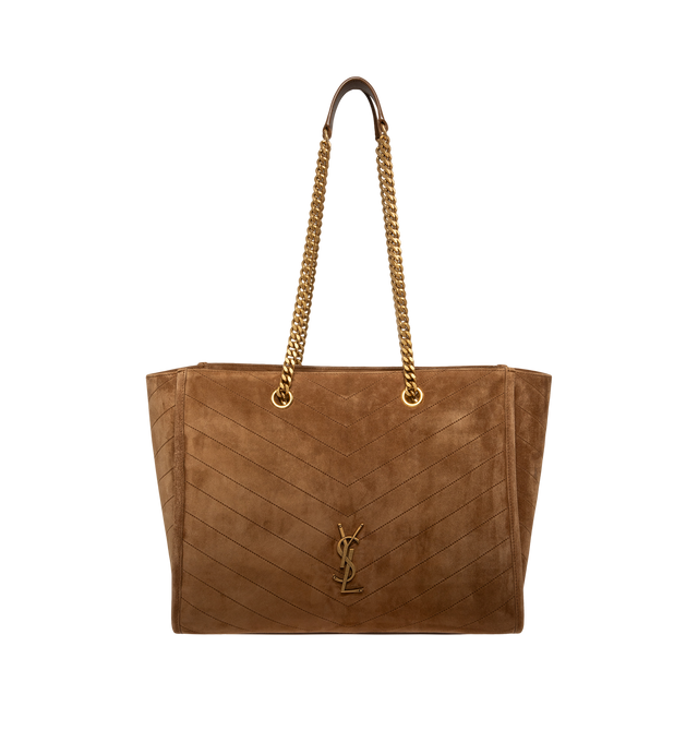 Image 1 of 3 - BROWN - Saint Laurent Womens East/West Shopping Bag is crafted from suede calfskin. Features signature Cassandre logo, chevron topstitching, chain shoulder straps, magnetic snap closure, cotton lining, one interior zip pocket, and bronze-tone hardware. Main Material: Calfskin Leather; Lining: Cotton; Hardware: Brass. Made in Italy.