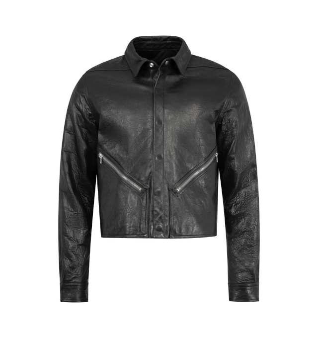 Image 1 of 3 - BLACK - RICK OWENS Tour Alice Shirt Leather Jacket featuring collar, long sleeves, side pockets with zip closure, press button clousure, vertical back seam, cotton webbing strap with rivet detail on the back and crop cut. 100% leather. Made in Moldova.