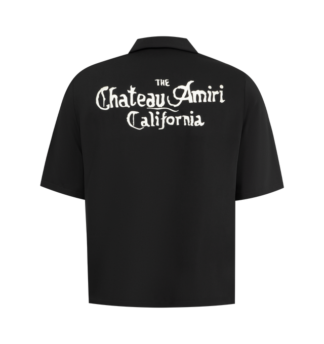 Image 2 of 2 - BLACK - AMIRI MA Chateau Camp Shirt featuring logo embroidered on front and back, notched collar, short sleeves and button-down closure. 100% cotton. Made in Italy.