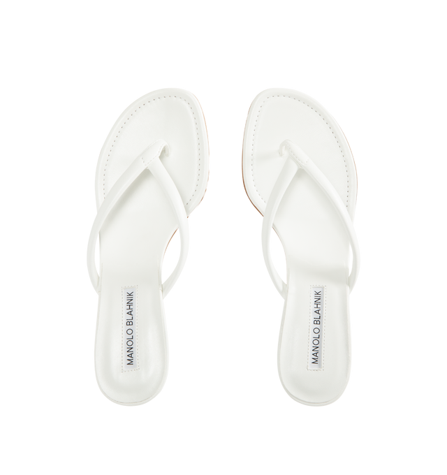 Image 4 of 4 - WHITE - Manolo Blahnik Paterno 50 Leather Sandal featuring nappa leather upper with leather sole, leather lining and footbed, angled round toe with flared kitten heel.Approx 50mm/ 2 inch heel. Made in Italy.