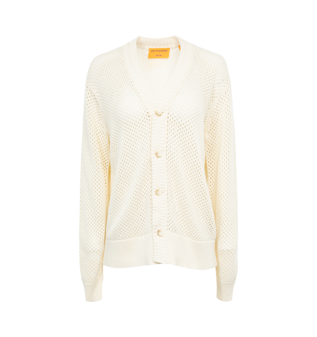 Image 1 of 2 - WHITE - GUEST IN RESIDENCE The Net Cardigan featuring oversized fit, mesh stitch, racked rib placket, four front-button closure, rib hem & cuff finish and logo at back. 100% cotton.  