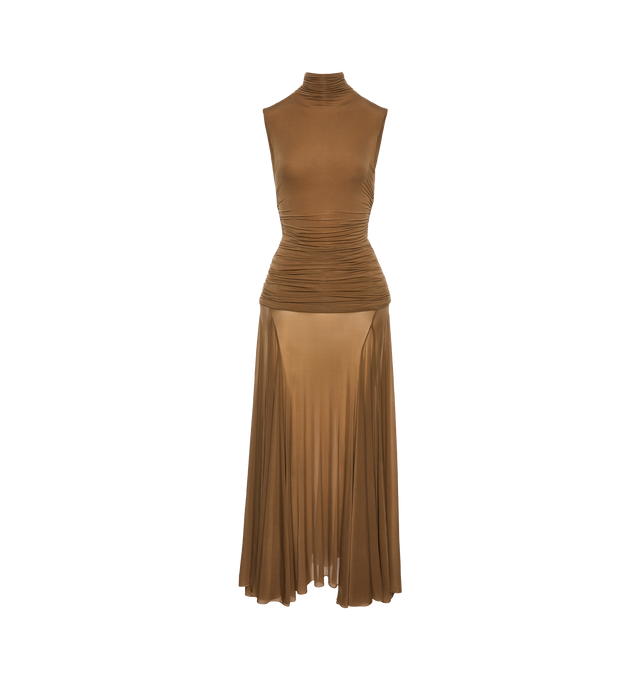 Image 1 of 2 - BROWN - MAGDA BUTRYM High-Neck Cupro Midi Dress featuring sheer midi dress, a fitted high-neck bodice, flowy midi skirt and ruching at the waist to create an elongated drop-waist effect. 92% cupro, 8% elastane.
