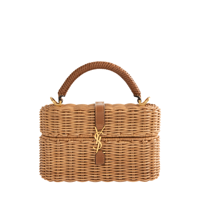 Image 1 of 3 - BROWN - SAINT LAURENT Gaby Vanity featuring a top handle, an adjustable and detachable strap, bronze-tone hardware, cassandre leather tab fastening and one card slot. 7.1" x 4.3" x 2.6". Wicker. Made in Italy.