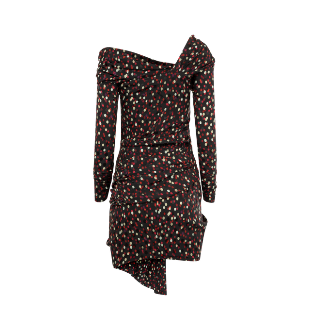 Image 2 of 2 - BLACK - ISABEL MARANT Elara Dress featuring short draped silk polka dot print dress, asymmetrical low-cut off-the-shoulder neckline, long sleeves, fitted cut and draped asymmetrical length. 90% silk, 10% elastane.