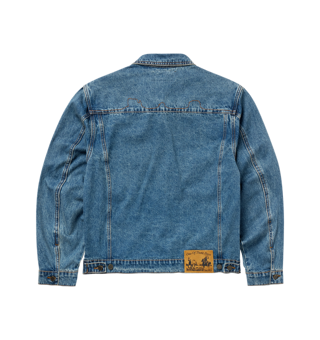 Image 2 of 4 - BLUE - ONE OF THESE DAYS Denim Trucker Jacket featuring button-front, branded suede label, spread collar, 4-pocket design, adjustable waist tabs, buttoned cuffs and branded hardware. 100% cotton.