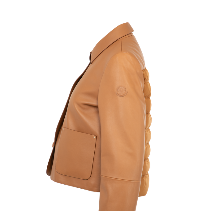 Image 3 of 3 - BROWN - Moncler Nemours Leather Jacket featuring a quilted back panel, point collar, long sleeves, tonal logo patch at left sleeve, patch pockets, classic fit, hem sits at the hip and snap-front. Polyester/leather. Fill: down/feather. Lining: polyester.