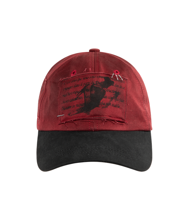 Image 1 of 3 - RED - ENFANTS RICHES DEPRIMES Napoleon 6-Panel Hat featuring washed Japanese cotton twill, patch-printed artwork throughout, a hand-sewn appliqu at the front patch, a curved brim, a twill browband and a leather fastening at the back with silver-tone hardware.