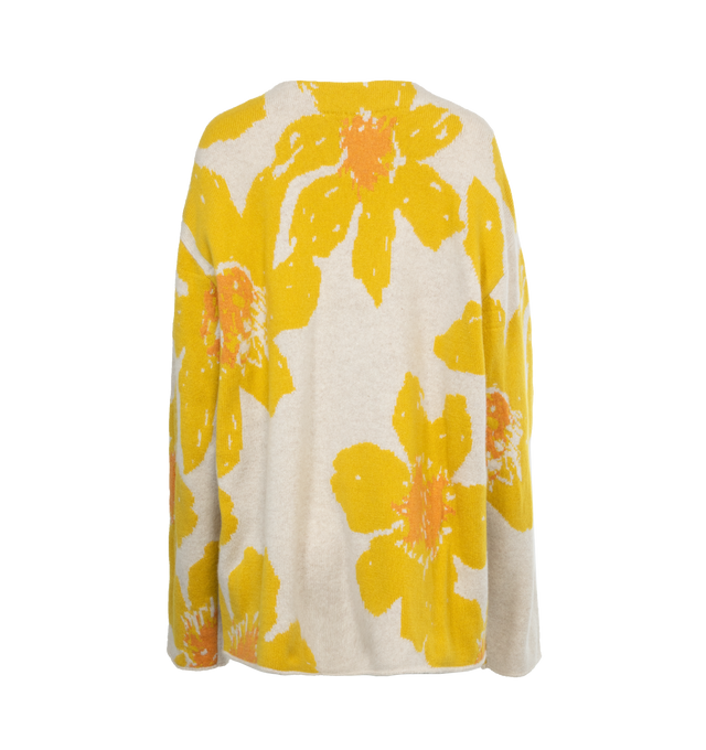 Image 2 of 3 - YELLOW - THE ELDER STATESMAN Floating Florals Cardigan featuring print throughout, long sleeves, v neck, button front closure and raw hem detailing. 100% cashmere.  