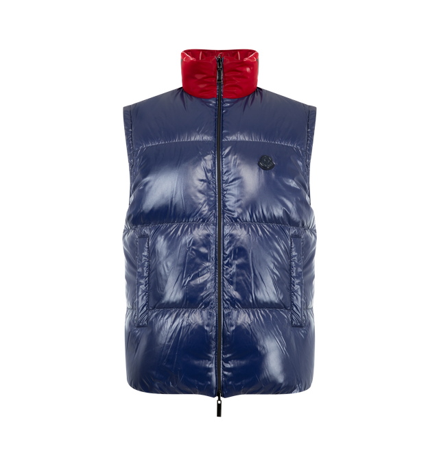 Image 4 of 4 - RED - Moncler x A$AP Rocky Throttle Reversible 2-in-1 Down Jacket featuring polyester jersey, nylon laqu lining, reversible, detachable sleeves, down-filled, zipper closure, pockets with button closure, logo print and logo patches. 95% polyester, 5% elastane/spandex. Lining: 100% polyamide/nylon. Padding: 90% down, 10% feather.