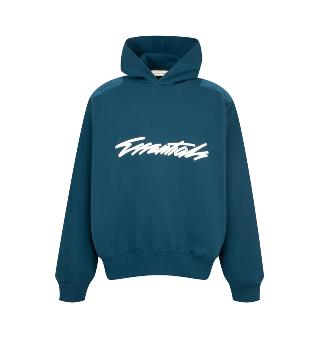 Image 1 of 2 - BLUE - Fear of God ESSENTIALS Men's Classic Half Raglan Hoodie is crafted from heavyweight cotton-blend fleece and features a classic relaxed-fit silhouette with back raglan sleeves for enhanced comfort and mobility. Designed with dual FOG puff-print graphics at the shoulders and a racing-inspired ESSENTIALS puff-print graphic across the front, this elevated everyday essential is finished with a double-layer hood, side pockets, rib-knit cuffs and hem, and a signature label at the hood. Main M