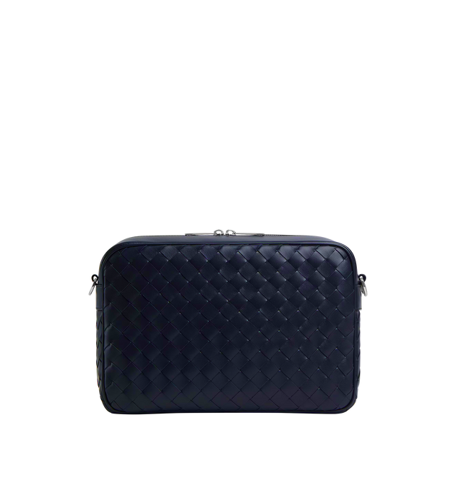 Image 2 of 4 - NAVY - BOTTEGA VENETA Intrecciato Camera Bag featuring cross-body bag in Intrecciato leather with detachable strap, metal D-ring, one interior zipped pocket with leather trimming, one open pocket in canvas and zipper closure. 7.7" x 11.4" x 3". Calfskin. Lining: canvas. Made in Italy.