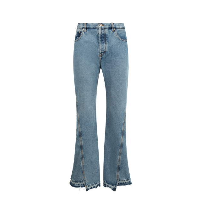Image 1 of 3 - BLUE - GALLERY DEPT. Twisted Wide Leg Jeans featuring five-pocket style, wide-leg, contrast panel detailing, mid rise, top-button and zip-fly fastening, belt loops and raw edge hem. 100% cotton.