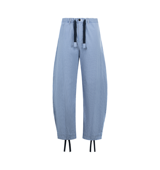 Image 1 of 3 - BLUE - SACAI Poplin Pants featuring wide leg, twisted seams, drawcord at waist and cuffs, side slit pockets, back flap pockets and striped. 100% cotton. Made in Japan.