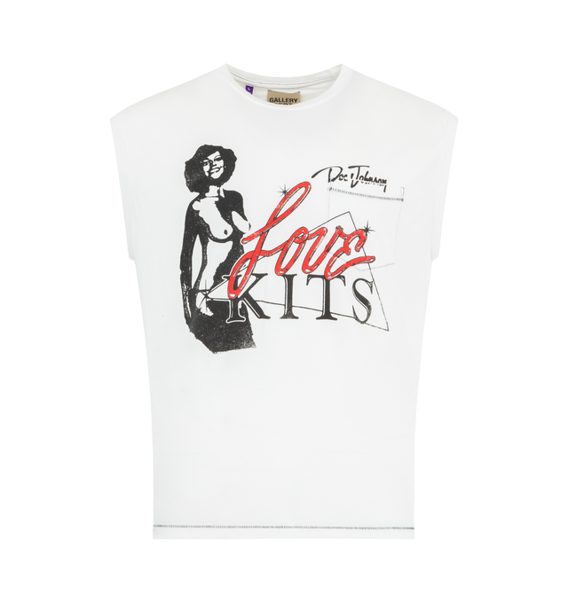 Image 1 of 2 - WHITE - GALLERY DEPT. Doc Johnson Love Kits Tee featuring crewneck, sleeveless, graphic print on both the front and back, back graphic layered with GD ENGLISH logotype rendered in gold glitter. 100% cotton. Made in USA.