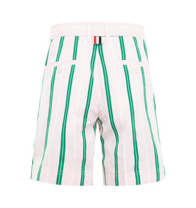 Image 2 of 3 - PINK - THOM BROWNE Repp Stripe Poplin Chino Shorts featuring tab closure with zip fly, slip hand pockets, buttoned back welt pockets, creased legs and signature striped grosgrain loop tab. 100% cotton. Made in Italy.