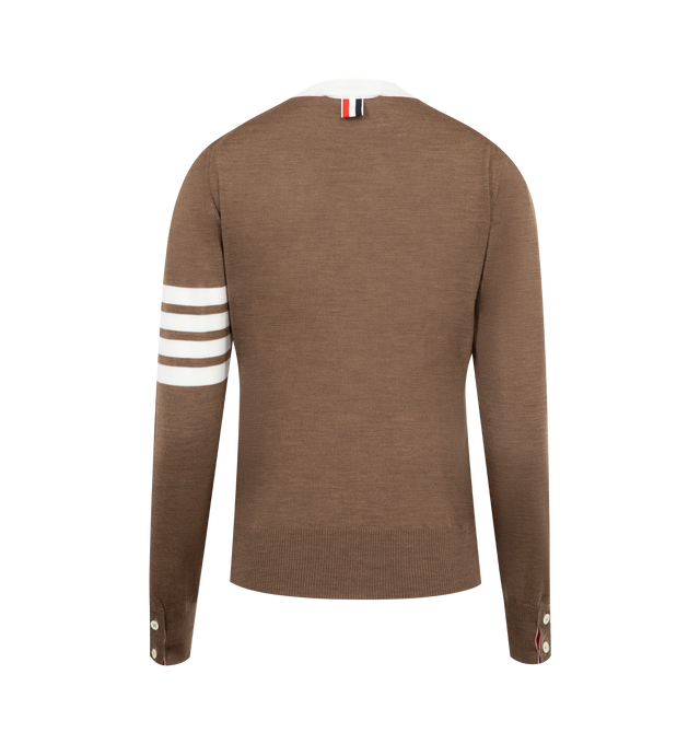 Image 2 of 2 - BROWN - THOM BROWNE WOol 4 Bar V Neck Cardigan featuring fine Merino wool with 4-bar stripe detail at left sleeve, button front closure, two front pockets, buttoned side vents with signature striped grosgrain trim and signature striped grosgrain loop tab at back of neck. 100% virgin wool. Made in Italy.