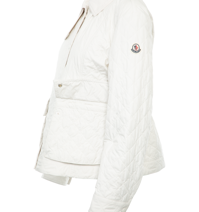 Image 3 of 4 - WHITE - MONCLER Galene Jacket featuring spread collar, snap front, long sleeves, snap cuffs, dual waist snap-flap pockets, adjustable drawcord waistband and mid-length. 100% polyester. Made in Romania. 