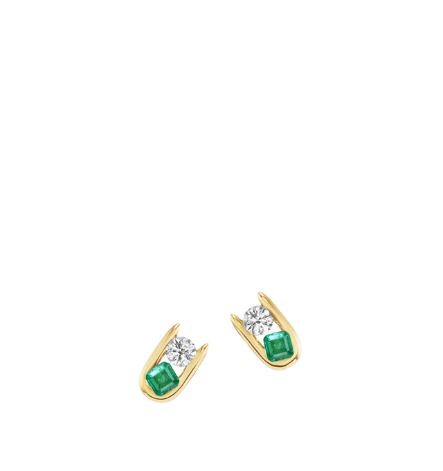 Image 1 of 1 - GOLD - Uniform Objects Major Impact Stud earrings are designed in 18K yellow gold and channel set with a brilliant cut diamond  0.66cttw and an Asscher cut emerald 0.70cttw. Hirshleifers offers a range of pieces from this collection in-store. For personal consultation and detailed information about jewelry, please contact our dedicated stylist team at personalshopping@hirshleifers.com.