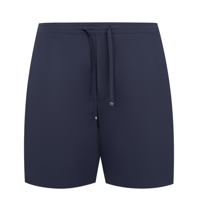 Image 1 of 3 - NAVY - LOEWE PAULA'S IBIZA Shorts in lightweight textured cotton blend poplin featuring regular fit, short length, mid waist, elasticated waist with drawstring, slash pockets, rear patch pockets and anagram crafty embroidery placed on the rear pocket. Cotton/polyamide. Made in Italy.