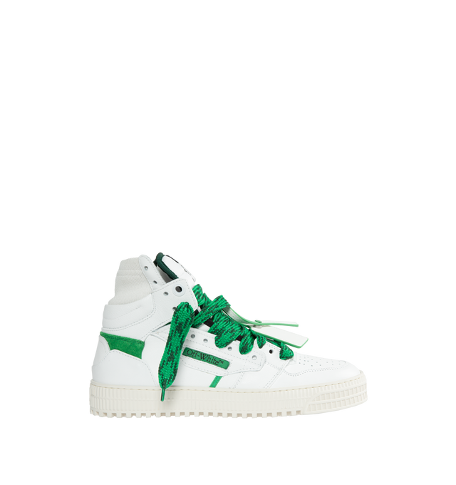 Image 1 of 5 - WHITE - OFF-WHITE 3.0 OFF COURT CALF LEATHER are high top "Off-Court" 3.0 sneakers in white with Off-White logo on one side. Green and black labels detailing. White rubber sole. Green and black lace-up closure. Outer: 30% Cotton Outer: 55% Leather Outer: 10% Polyamide Outer: 4% Polyester Sole: 100% Rubber Outer: 1% Elastane 