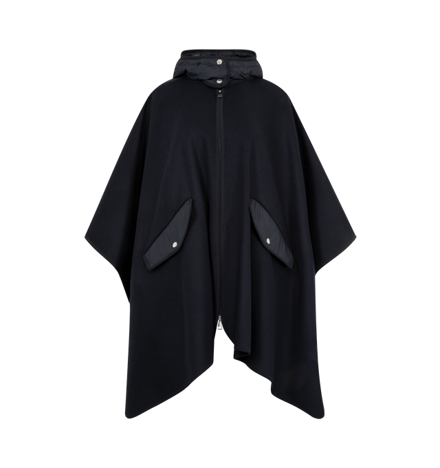 Image 1 of 3 - NAVY - MONCLER Cape featuring a two-way zip fastening, logo patch details one sleeve, hood and snap closure pockets. 75% virgin wool, 25% polyamide. Trim: 100% polyester.