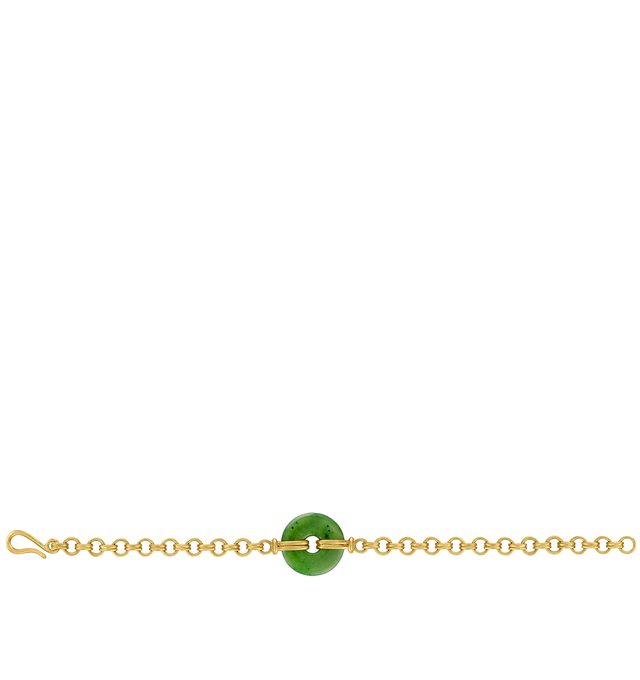 Image 2 of 2 - GOLD - Prounis Discus Double Link Chain Bracelet is handcrafted in New York and features a one-of-a-kind moss green jade disc accented by 22K yellow gold double links. Designed to fit a standard 7" wrist, each bracelet showcases a naturally unique jade stone with distinctive color and striation. For personal consultation and detailed information about jewelry, please contact our dedicated stylist team at personalshopping@hirshleifers.com.This item may be restricted for online purchase to int