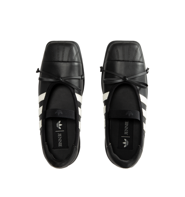 Image 6 of 6 - BLACK - Adidas Women's Jennie Superstar SQ Ballet Shoes are crafted from leather and feature a low-cut silhouette, a squared shell toe, and an elastic closure for easy entry and a secure fit. Finished with a textile sockliner, signature 3-Stripes, Trefoil branding, Jennie co-branding details, and includes optional shoelaces for customization. Main Material: Leather.