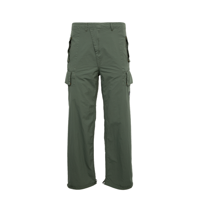 Image 1 of 4 - GREEN - C.P. COMPANY Flatt Nylon Oversized Cargo Pants featuring oversized fit, zip fly and button fastening, belt loops, slanted hand pockets, cargo pockets and lens detail. 100% polyamide/nylon. 
