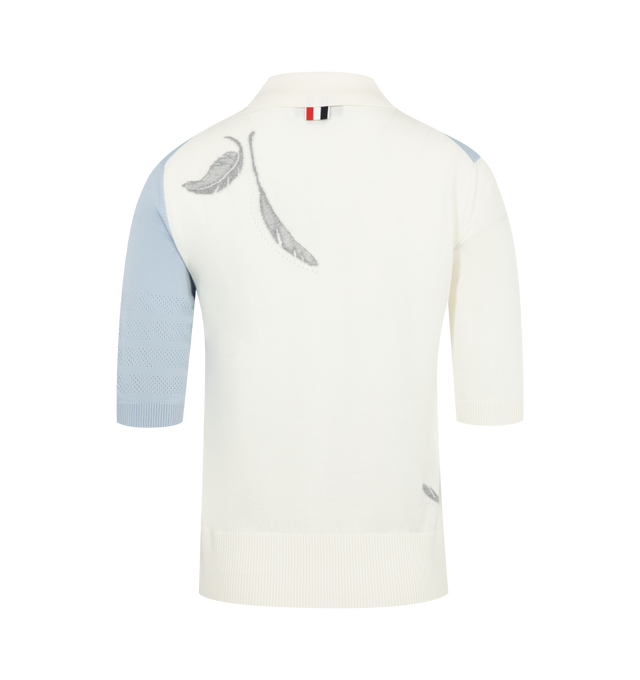 Image 2 of 2 - BLUE - THOM BROWNE Funmix Feather 4 Bar Polo featuring woven feathers, signature 4-bar detailing, partial front button placket, buttoned side vents with signature striped grosgrain trim and signature striped grosgrain loop tab. 100% cotton. Made in Italy.