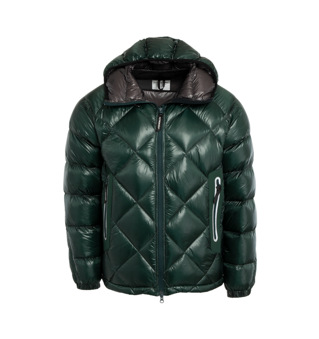 Image 1 of 4 - GREEN - AND WANDER Diamond Stitch Down Hoodie crafted from lightweight and durable PERTEX nylon with a soft sheen, with goose down fill. Medium weight outerwear piece featuring a diamond front body with horizontal quilted arms, zipper hand pockets, adjustable hem and hood cinches, reflective details throughout, and a fleece neck facing for comfort. 100% nylon / 90% down, 10% feather. Made in Japan. 