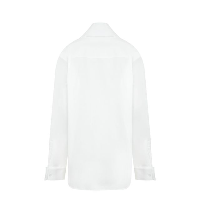 Image 2 of 3 - WHITE - Saint Laurent oversized lavallire shirt in cotton poplin blouse featuring a plunging lavallire collar, exaggerated shoulders with boning, front button closure and french cuffs. 100% cotton. Made in Italy.