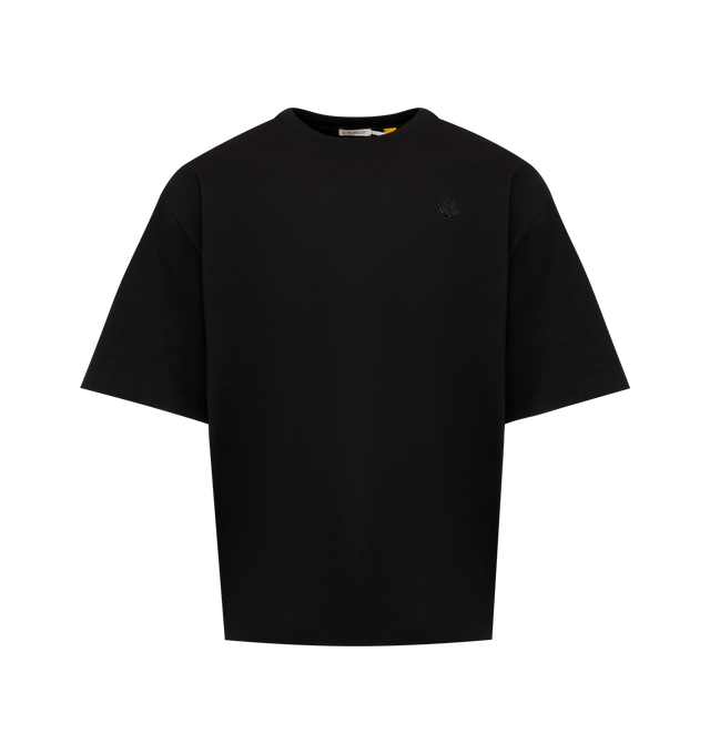 Image 1 of 2 - BLACK - Moncler x A$AP Rocky Cotton T-Shirt featuring cotton jersey, crew neck, short sleeves, logo print, logo patch and oversized fit. 100% cotton.