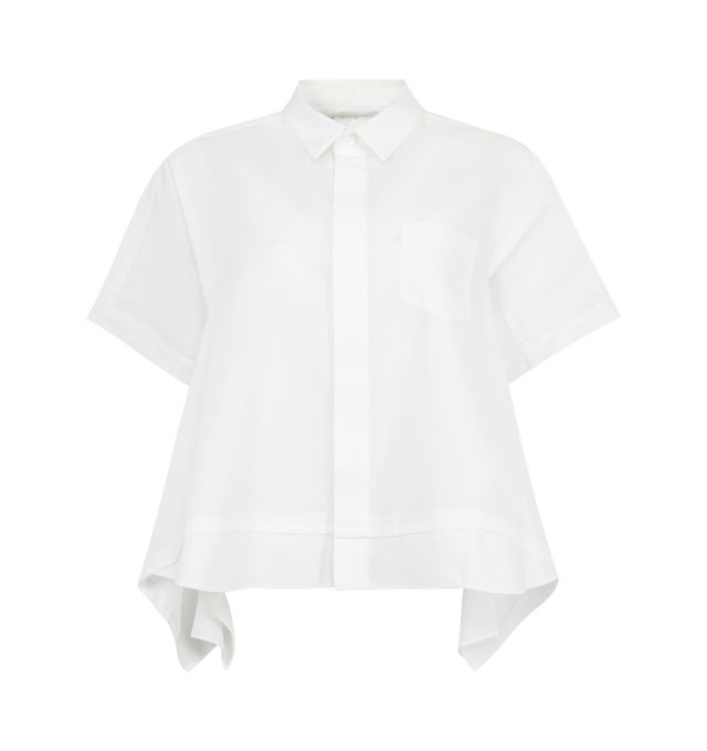 Image 1 of 2 - WHITE - SACAI Poplin Shirt featuring a sharp point collar, short sleeves, hidden-button placket and draped back. 65% polyester, 35% cotton. Made in Japan.