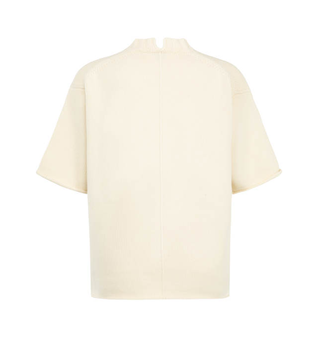 Image 2 of 3 - NEUTRAL - Bottega Veneta Women's short-sleeve knit sweater is a luxurious, boxy top crafted for a relaxed silhouette featuring a ribbed mock neckline with a front slit detail. Materials: 83% Wool 23% Polyester 2% Cashmere.