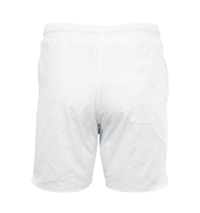 Image 2 of 4 - WHITE - RHUDE Logo Track Shorts featuring pull-on styling, elastic waistband with drawstring, printed front panel, two side pockets and one back patch pocket. 100% nylon. Made in USA. 