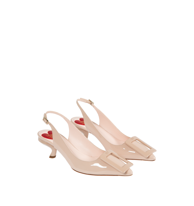 Image 2 of 4 - PINK - ROGER VIVIER Virgule Lacquered Buckle Slingback Pumps in Patent Leather featuring patent leather upper, tapered toe, lacquered buckle, heel strap, leather insole with heart-shaped insert and lacquered Virgule heel. 2.2 inches. Leather outsole. Made in Italy. 