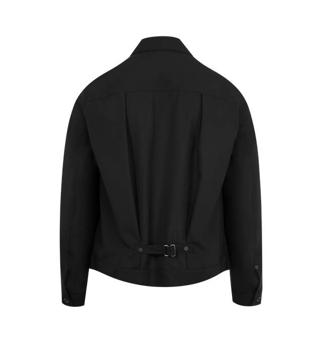 Image 2 of 2 - BLACK - SACAI Suiting Jacket featuring plain-woven wool-blend jacket, spread collar, button closure, tucks at front, patch pocket at chest, seam pockets, buttoned barrel cuffs, pleats at back yoke, cinch strap at back and unlined. 70% polyester, 30% wool. Trim: 100% cupro. Made in Japan.
