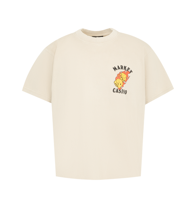 Image 1 of 2 - NEUTRAL - MARKET Flaming Dice Tee featuring short sleeves, relaxed everyday fit, ribbed crew neckline, small Market Casino chest graphic, oversized flaming dice back graphic, bold casino-inspired artwork and typography, soft cotton construction and straight hem. 100% cotton.