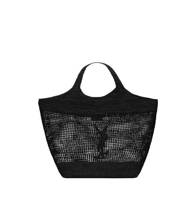 Image 5 of 5 - BLACK - SAINT LAURENT Icare Raffia Bag featuring maxi tote in natural raffia and vegetable-tanned leather, crocheted entirely by hand, cassandre on front, inner ties that allow the sides to be collapsed or expanded as desired, removable raffia sunglasses case affixed with a long chain and bronze-tone hardware. 14.621.7 X 16.9 X 2 inches. Handle drop: 8.7 inches. Raffia. Made in Madagascar.