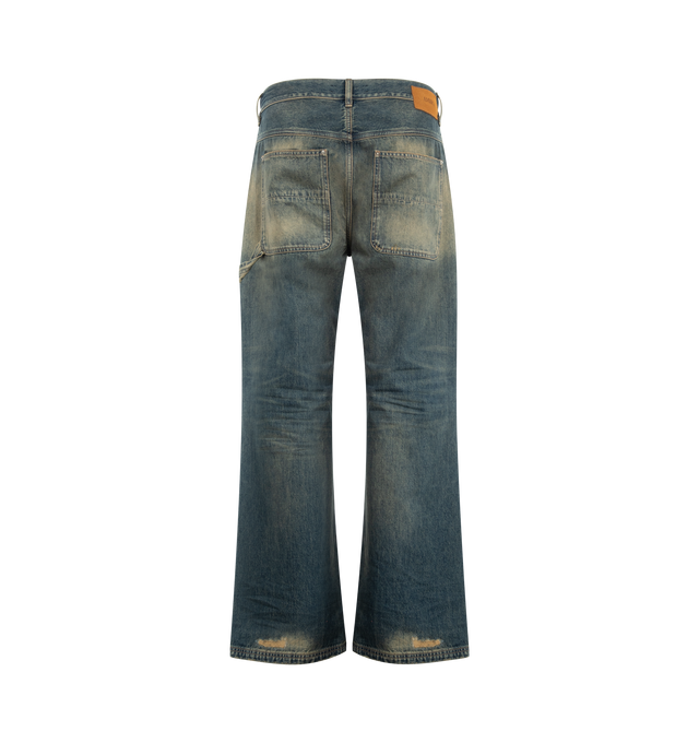Image 2 of 4 - BLUE - AMIRI Lightweight Distressed Carpenter Jeans featuring distressed details, zip fly with button closure, five-pocket style, carpenter pocket and hammer loop. 100% cotton. Made in Italy.