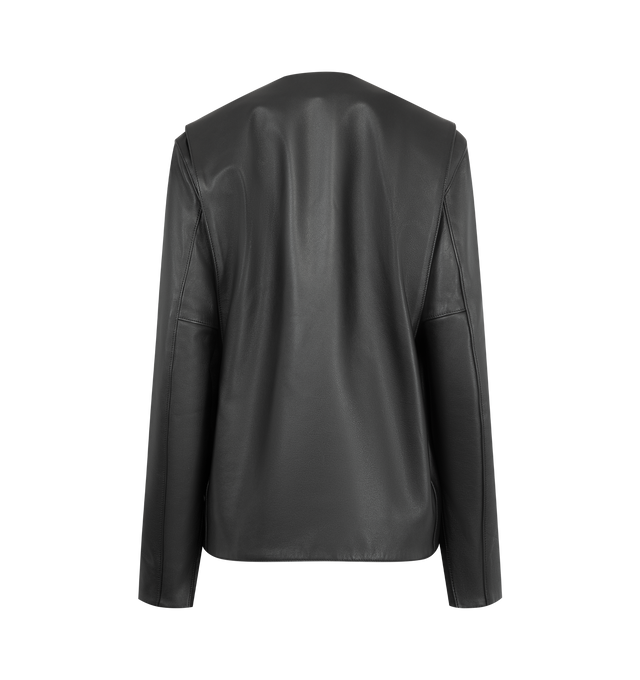 Image 2 of 2 - BLACK - TOTEME Minimal Biker Jacket featuring relaxed fit, smooth leather, a round neckline, subtle vent detailing at the back, two slit side pockets, a front mini pocket, lightly quilted inside and designed to be worn open. 100% cow leather.